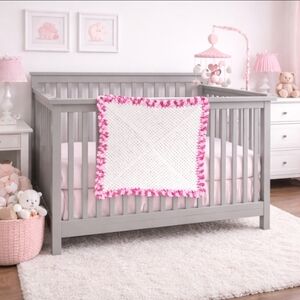 Handmade Crocheted White & Pink Variegated Crib Baby Blanket or Throw - New